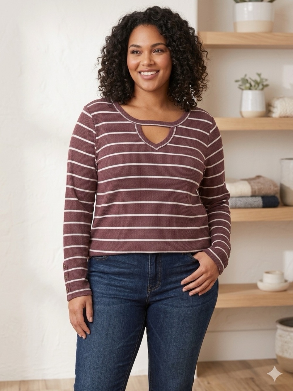 24/7 Maurices Stripe Cut Out Neck Textured Tee Waffle Knit Size 1X